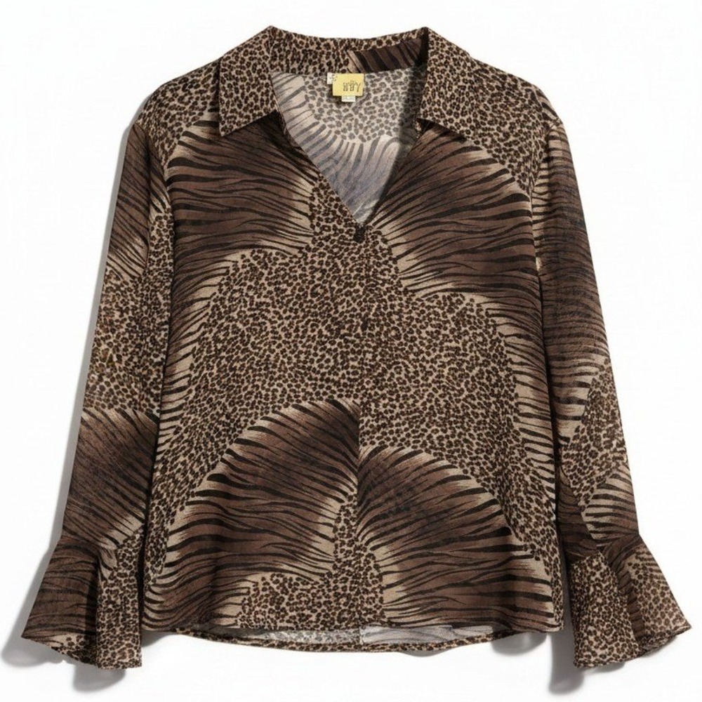 Beguize Mixed Brown Animal Print Bell Sleeve Blouse, Woman's Small Leopard Zebra